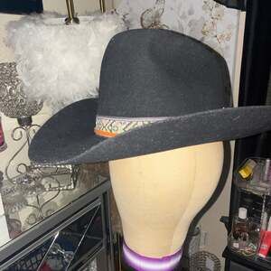 Dynafelt Black Water Repellent Fur Blend Western Cowboy Hat with Aztec Ribbon Ba